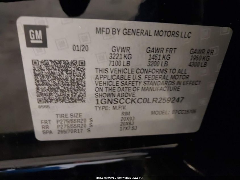 2020 Chevrolet Tahoe 2Wd Premier VIN: 1GNSCCKC0LR259247 Lot: 42882224