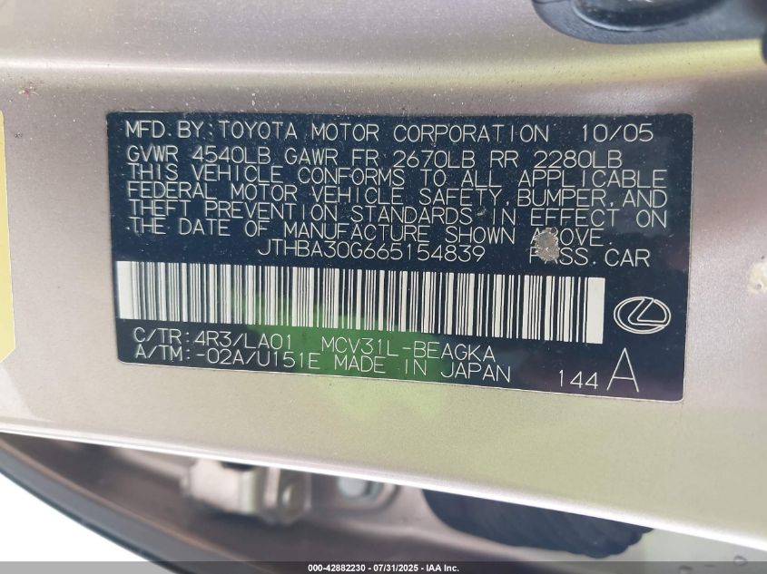 2006 Lexus Es 330 VIN: JTHBA30G665154839 Lot: 42882230