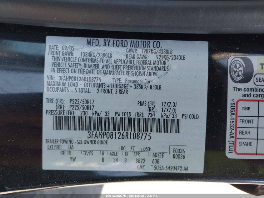 2006 Ford Fusion Sel VIN: 3FAHP08126R108775 Lot: 42882275