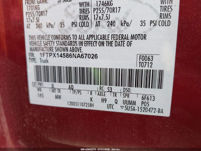 2006 Ford F-150 Fx4/Lariat/Xl/Xlt VIN: 1FTPX14586NA67026 Lot: 42882276