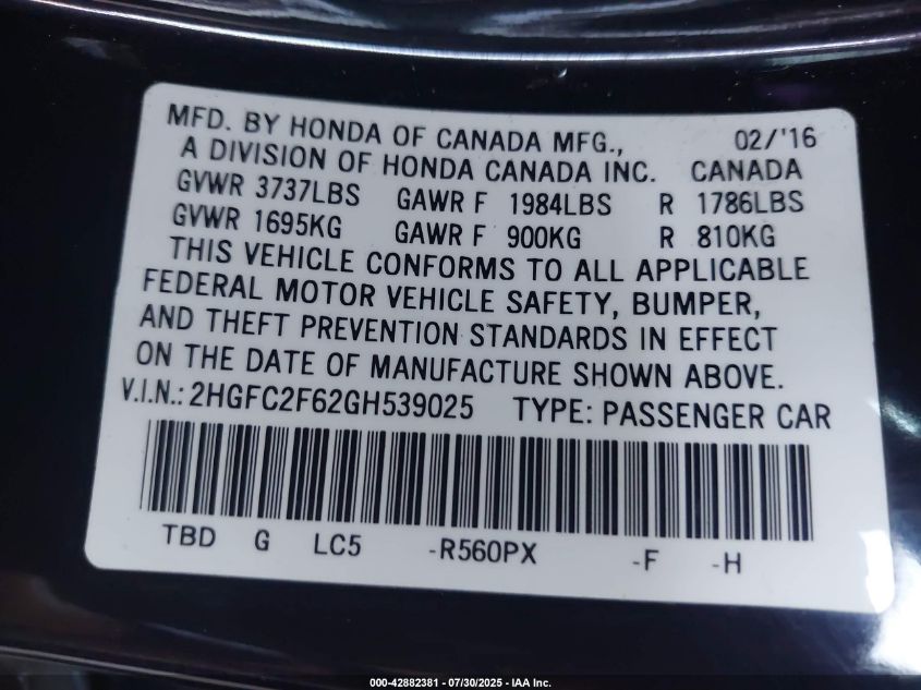 2016 Honda Civic Lx VIN: 2HGFC2F62GH539025 Lot: 42882381