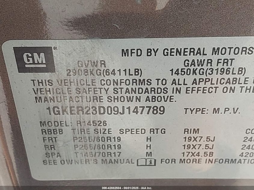 2009 GMC Acadia Slt-1 VIN: 1GKER23D09J147789 Lot: 42882504