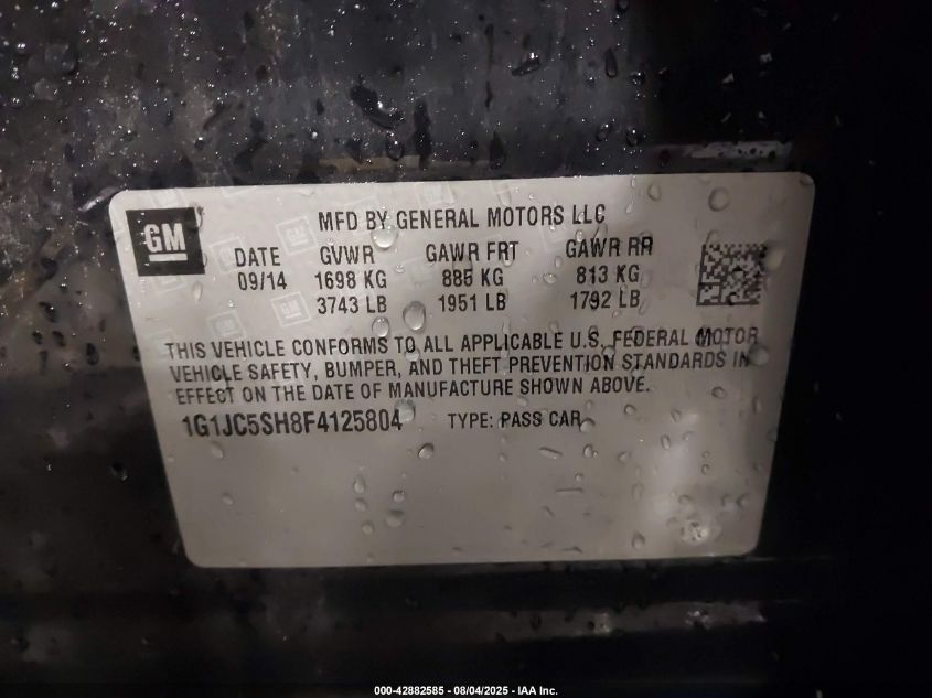 2015 Chevrolet Sonic Lt Auto VIN: 1G1JC5SH8F4125804 Lot: 42882585