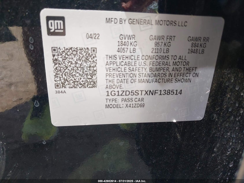 2022 CHEVROLET MALIBU FWD LT - 1G1ZD5STXNF138514