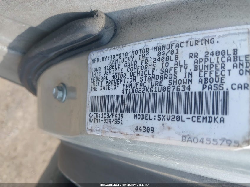 2001 Toyota Camry Ce VIN: 4T1BG22K61U087634 Lot: 42882624