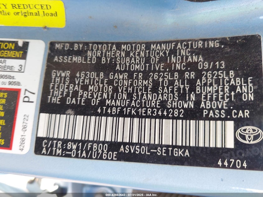 2014 Toyota Camry Xle VIN: 4T4BF1FK1ER344282 Lot: 42882643