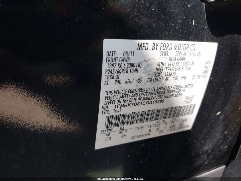 2012 Ford Explorer Xlt VIN: 1FMHK7D81CGA19380 Lot: 42883036