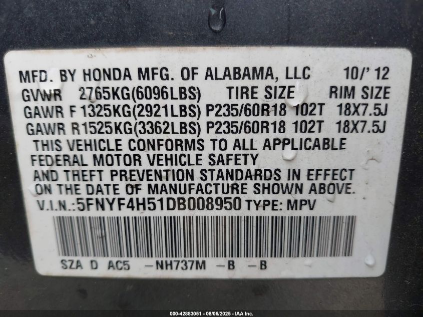 2013 Honda Pilot Ex-L VIN: 5FNYF4H51DB008950 Lot: 42883051