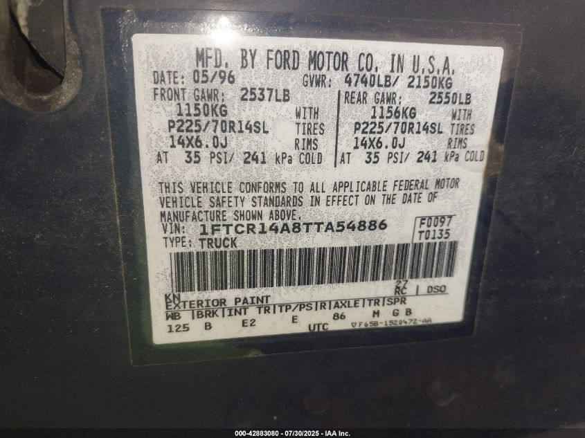 1996 Ford Ranger Super Cab VIN: 1FTCR14A8TTA54886 Lot: 42883080