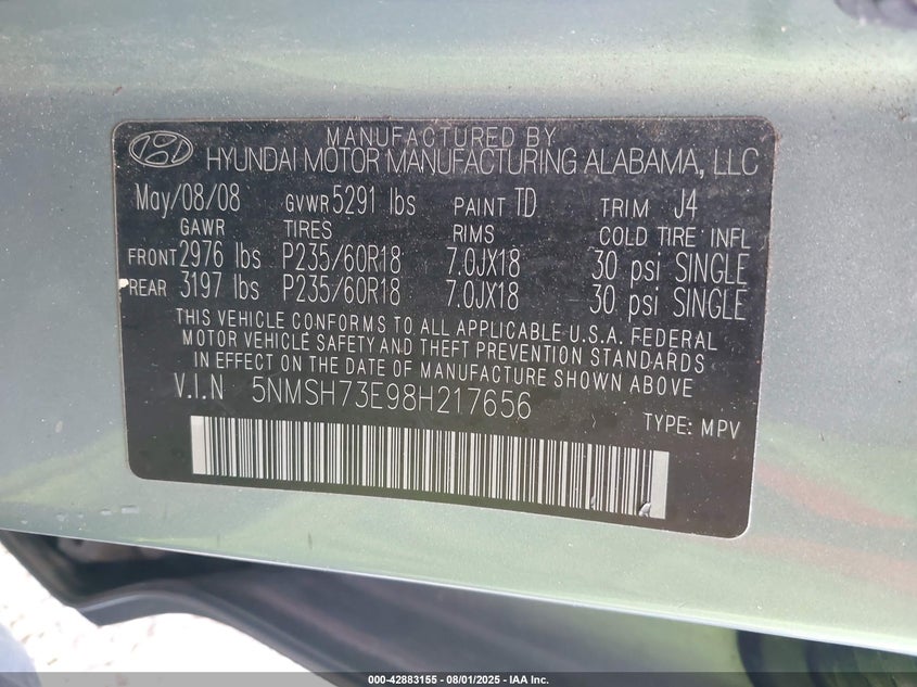 5NMSH73E98H217656 2008 HYUNDAI SANTA FE photo no. 9