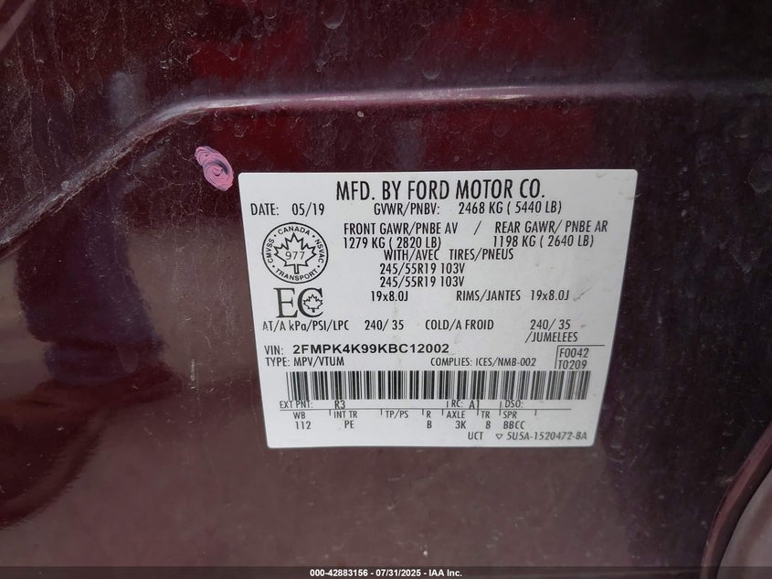 2019 FORD EDGE TITANIUM - 2FMPK4K99KBC12002