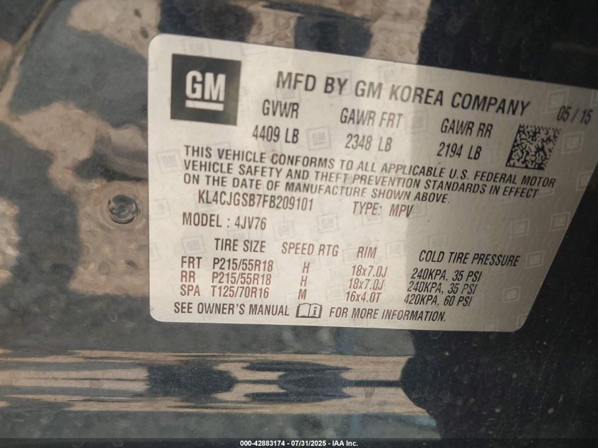 2015 Buick Encore Leather VIN: KL4CJGSB7FB209101 Lot: 42883174