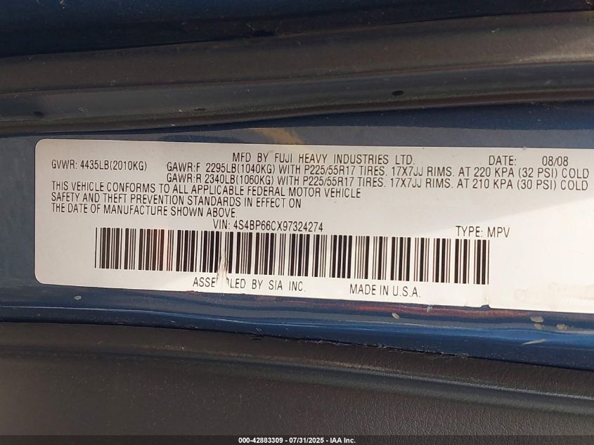 2009 Subaru Outback 2.5I Limited VIN: 4S4BP66CX97324274 Lot: 42883309