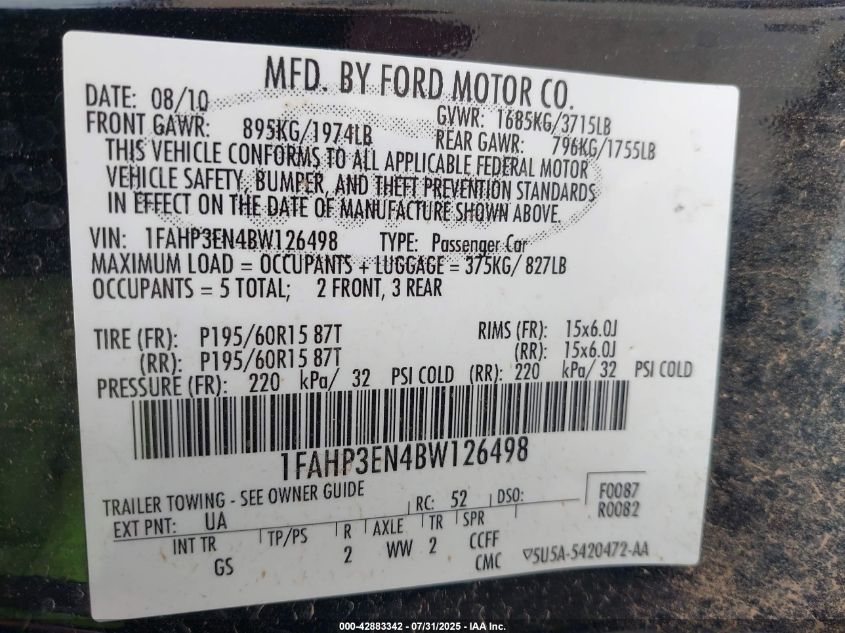 2011 Ford Focus S VIN: 1FAHP3EN4BW126498 Lot: 42883342