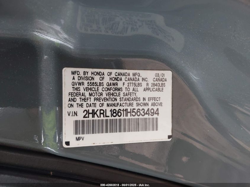 2001 Honda Odyssey VIN: 2HRKL18611H563494 Lot: 42883518
