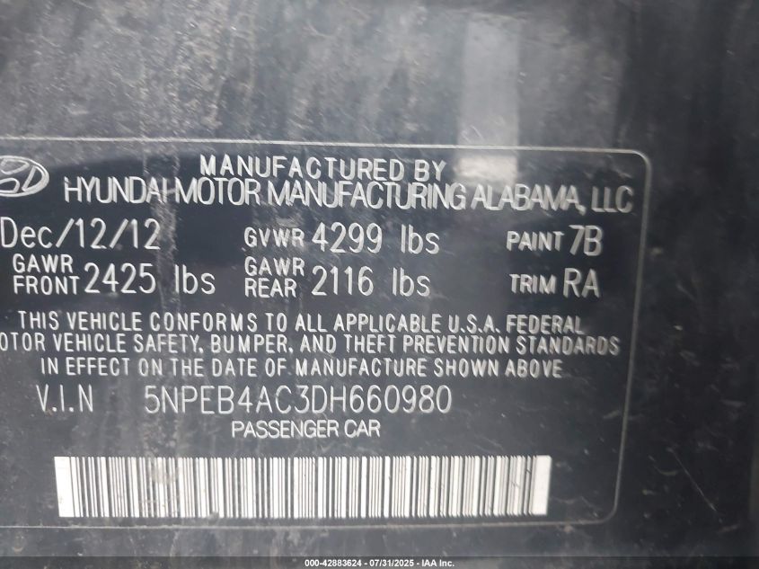 2013 Hyundai Sonata Gls VIN: 5NPEB4AC3DH660980 Lot: 42883624