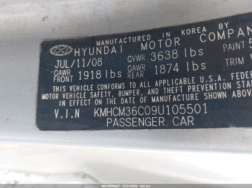 2009 Hyundai Accent Gs VIN: KMHCM36C09U105501 Lot: 42883637