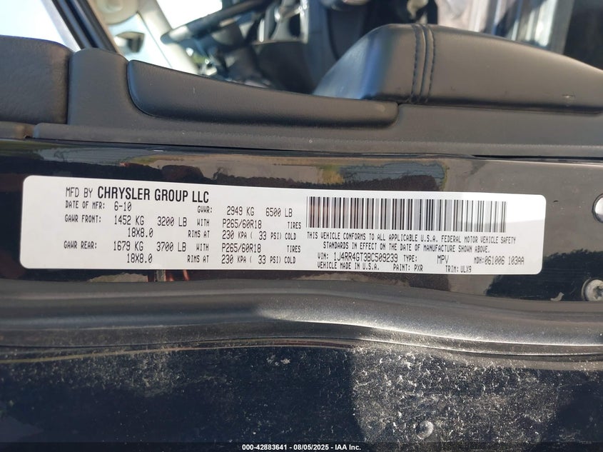 2011 Jeep Grand Cherokee Laredo VIN: 1J4RR4GT3BC509239 Lot: 42883641