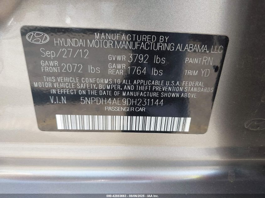 2013 Hyundai Elantra Gls VIN: 5NPDH4AE9DH231144 Lot: 42883663