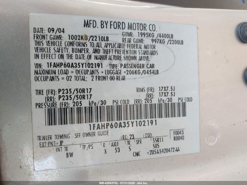 2005 Ford Thunderbird 50Th Anniversary VIN: 1FAHP60A35Y102191 Lot: 42883702