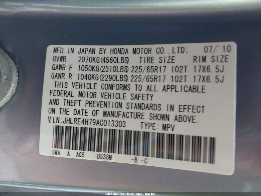 2010 Honda Cr-V Ex-L VIN: JHLRE4H79AC013303 Lot: 42883727
