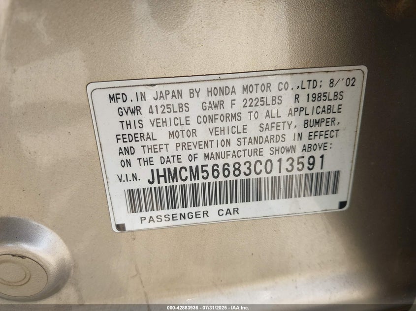 2003 Honda Accord 2.4 Ex VIN: JHMCM56683C013591 Lot: 42883936