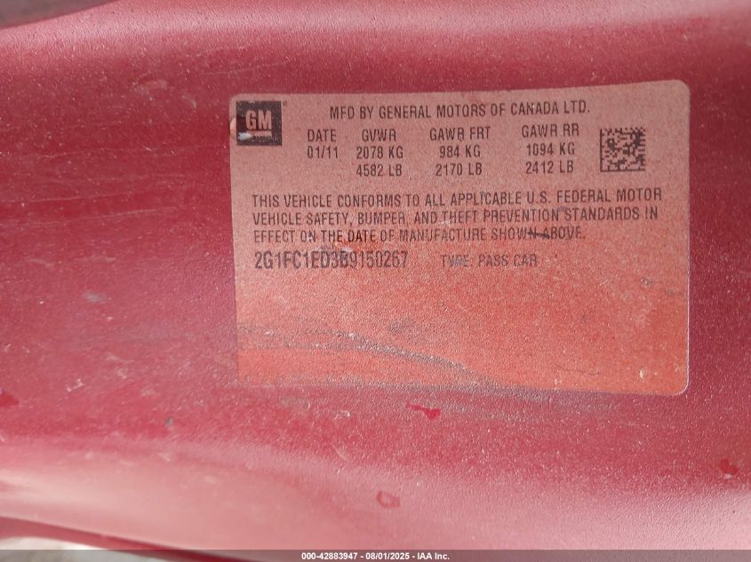 2011 Chevrolet Camaro 2Lt VIN: 2G1FC1ED3B9150267 Lot: 42883947