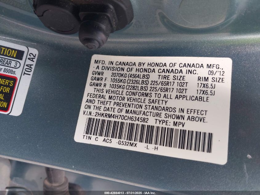 2012 Honda Cr-V Ex-L VIN: 2HKRM4H70CH634582 Lot: 42884013