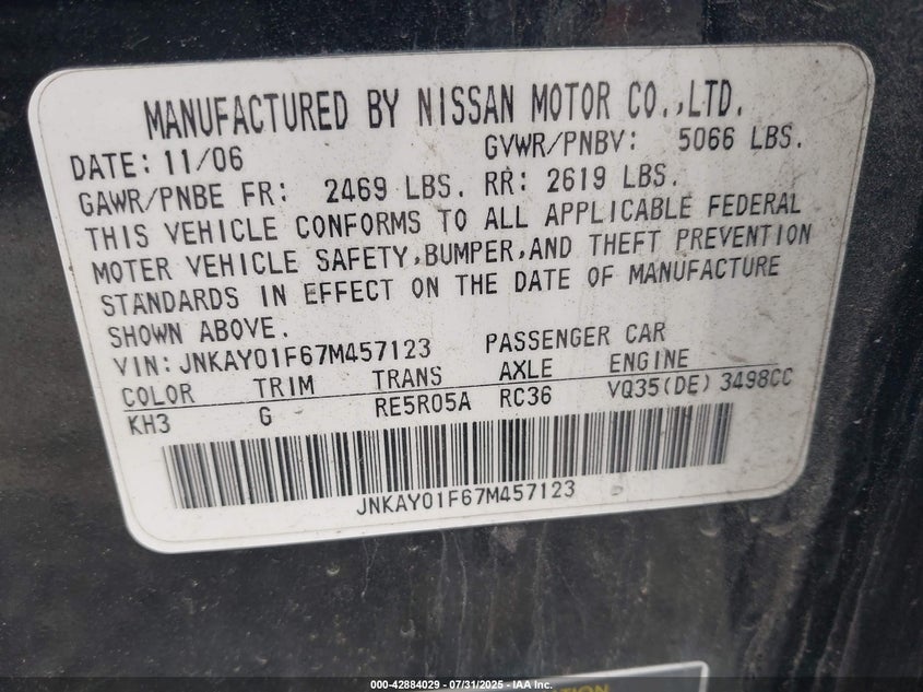 2007 Infiniti M35X VIN: JNKAY01F67M457123 Lot: 42884029