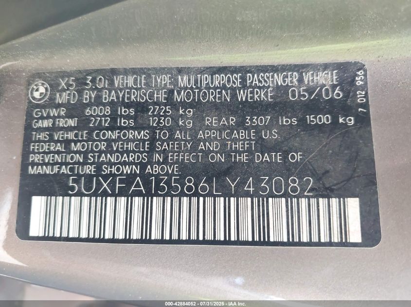 2006 BMW X5 3.0I VIN: 5UXFA13586LY43082 Lot: 42884052