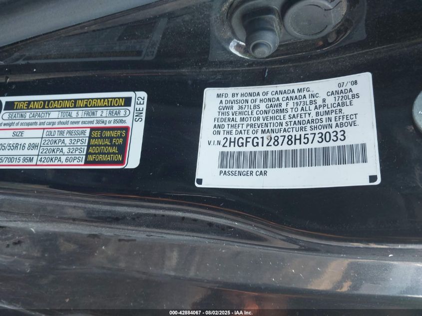 2008 Honda Civic Ex VIN: 2HGFG12878H573033 Lot: 42884067
