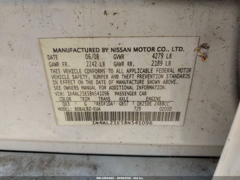 2008 Nissan Altima 2.5 S VIN: 1N4AL21E58N541096 Lot: 42884083