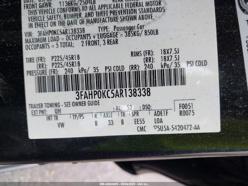 2010 Ford Fusion Sport VIN: 3FAHP0KC5AR138338 Lot: 42884085