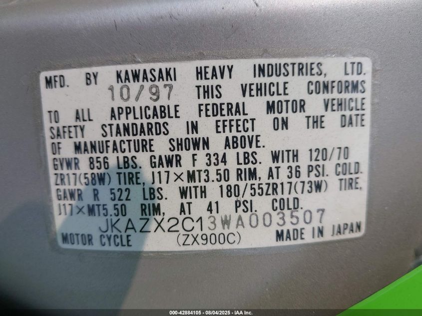 1998 Kawasaki Zx900 C VIN: JKAZX2C13WA003507 Lot: 42884105