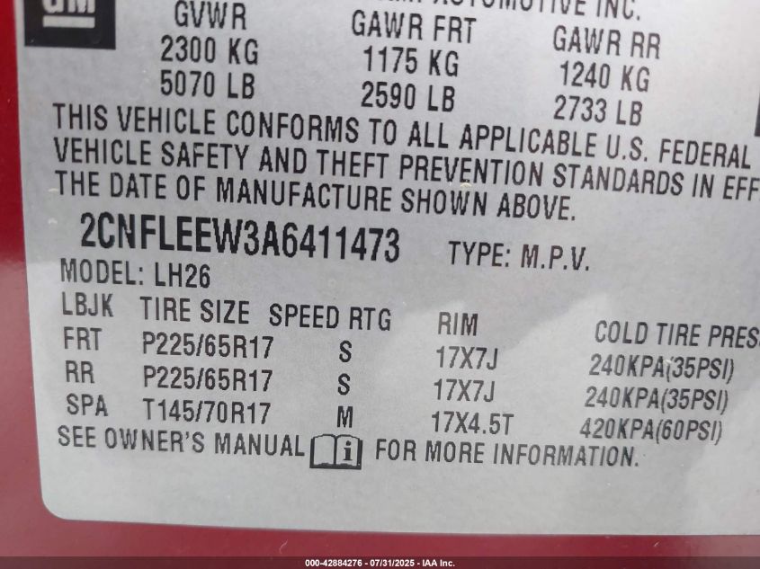 2010 Chevrolet Equinox Lt VIN: 2CNFLEEW3A6411473 Lot: 42884276