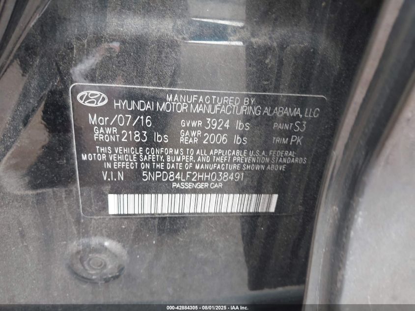 2017 Hyundai Elantra Se VIN: 5NPD84LF2HH038491 Lot: 42884305