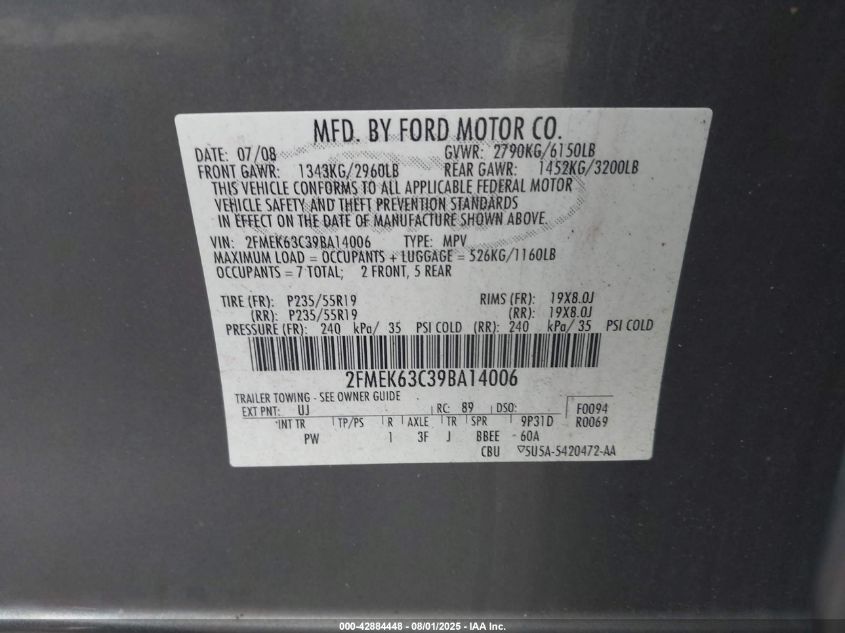 2009 Ford Flex Limited VIN: 2FMEK63C39BA14006 Lot: 42884448