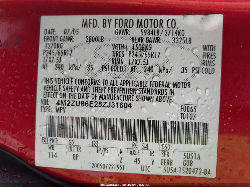 2005 Mercury Mountaineer VIN: 4M2ZU86E25ZJ31604 Lot: 42884449