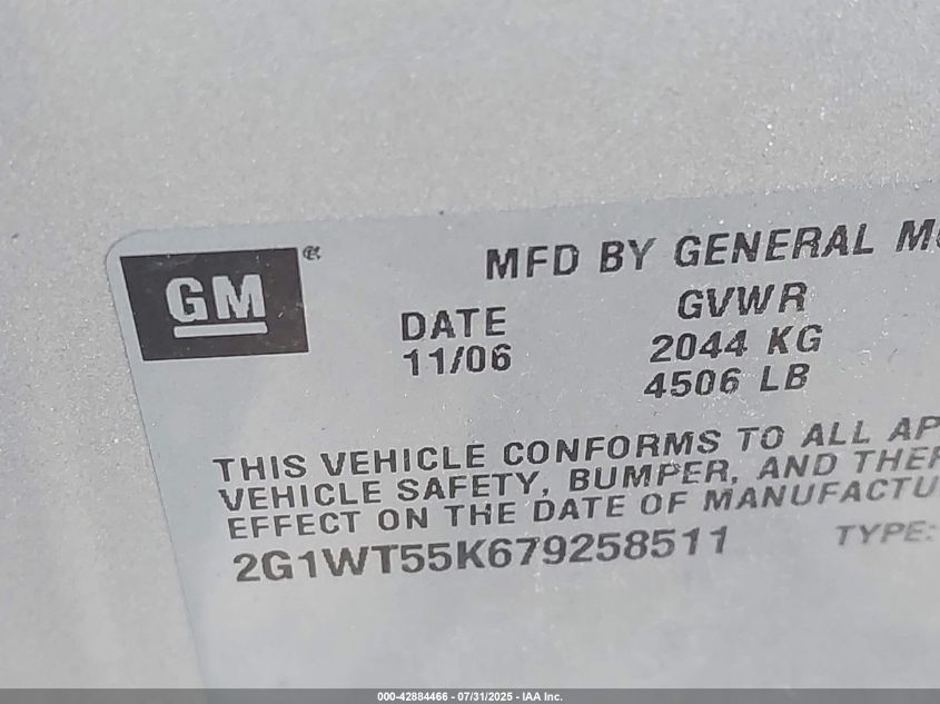 2007 Chevrolet Impala Lt VIN: 2G1WT55K679258511 Lot: 42884466