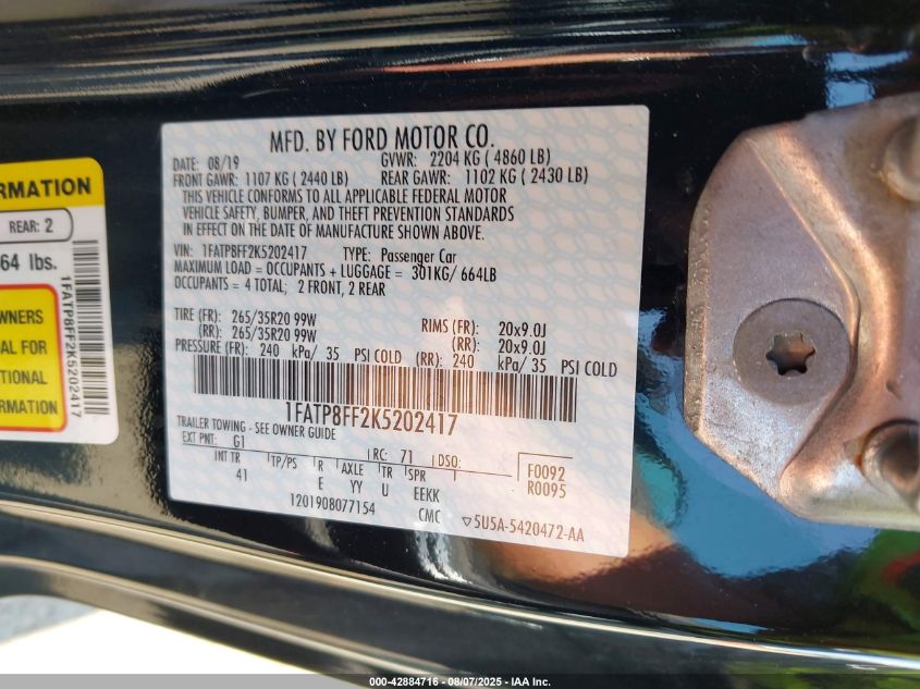 2019 Ford Mustang Gt Premium VIN: 1FATP8FF2K5202417 Lot: 42884716