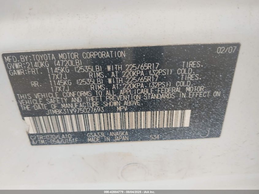 2007 Toyota Rav4 Limited V6 VIN: JTMBK31V975027693 Lot: 42884779