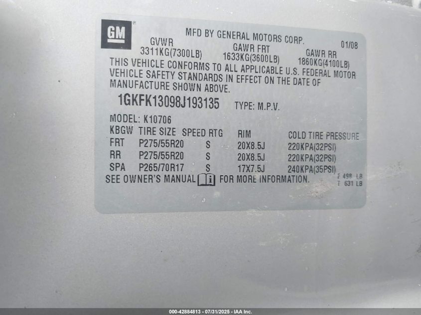 2008 GMC Yukon Slt VIN: 1GKFK13098J193135 Lot: 42884813