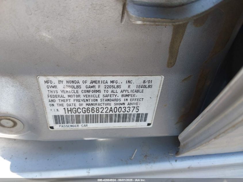 2002 Honda Accord 2.3 Ex/2.3 Se VIN: 1HGCG66822A003375 Lot: 42884924