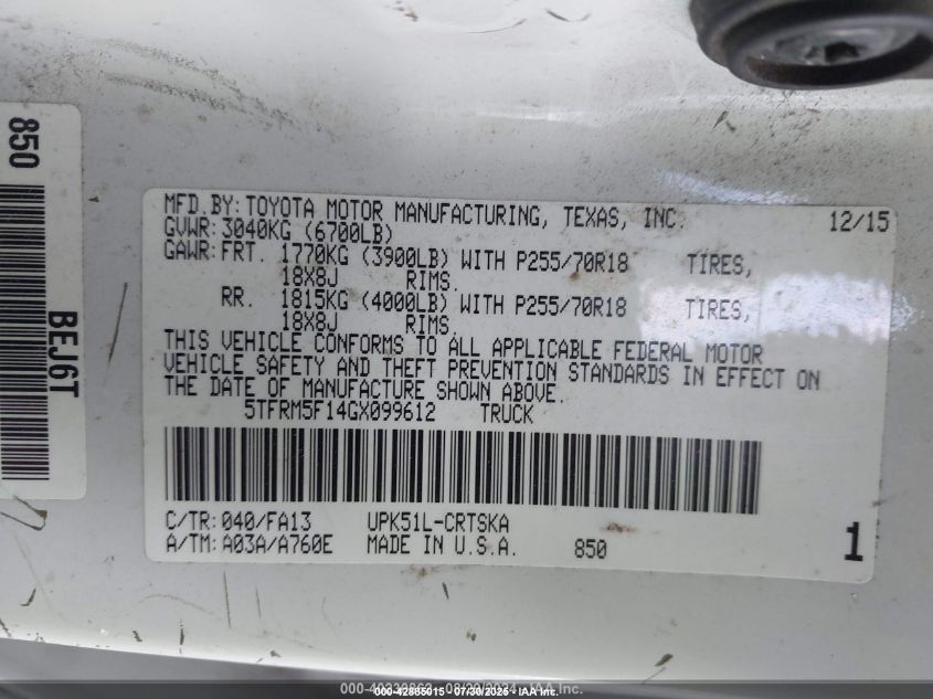 2016 Toyota Tundra Sr 4.6L V8 VIN: 5TFRM5F14GX099612 Lot: 42885015