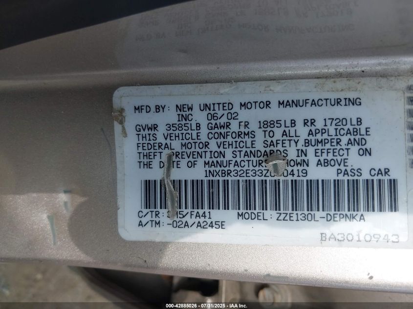 2003 Toyota Corolla Le VIN: 1NXBR32E33Z060419 Lot: 42885026