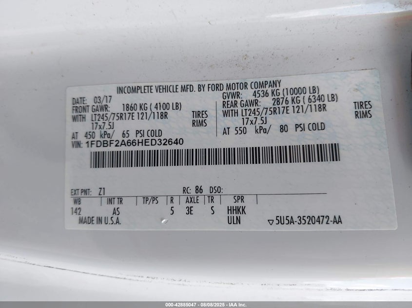 2017 Ford F-250 Xl VIN: 1FDBF2A66HED32640 Lot: 42885047