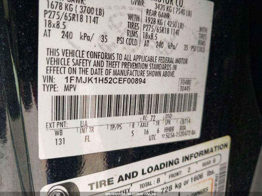 2012 Ford Expedition El Xlt VIN: 1FMJK1H52CEF00894 Lot: 42885124