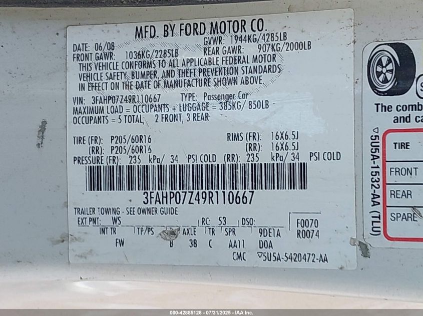 2009 Ford Fusion Se VIN: 3FAHP07Z49R110667 Lot: 42885126