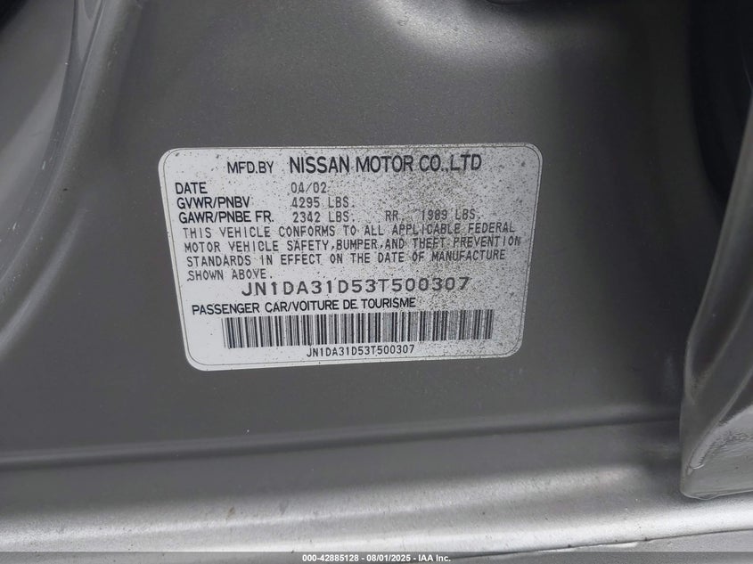 2003 Nissan Maxima Se VIN: JN1DA31D53T500307 Lot: 42885128