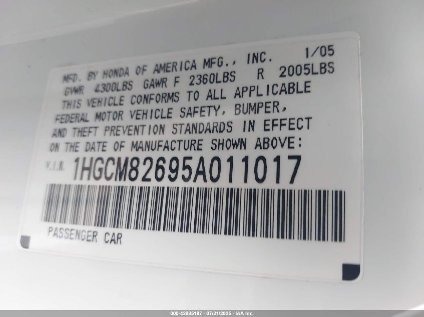 2005 Honda Accord 3.0 Ex VIN: 1HGCM82695A011017 Lot: 42885187
